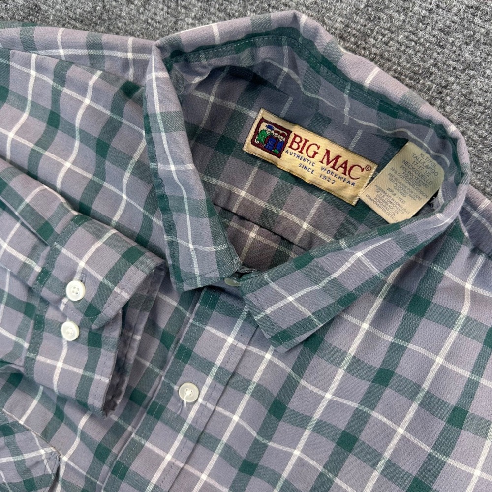 Vintage Big Mac Men's XLT Green Gray Plaid Workwear Shirt Rugged Utility USA 70s
